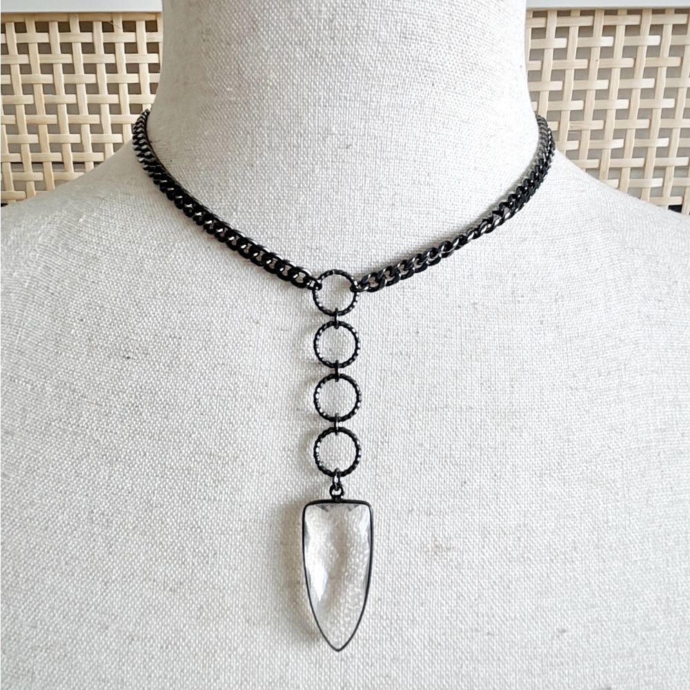 Crystal Quartz and Gunmetal Steel Ring Arrow Drop Necklace NWOT